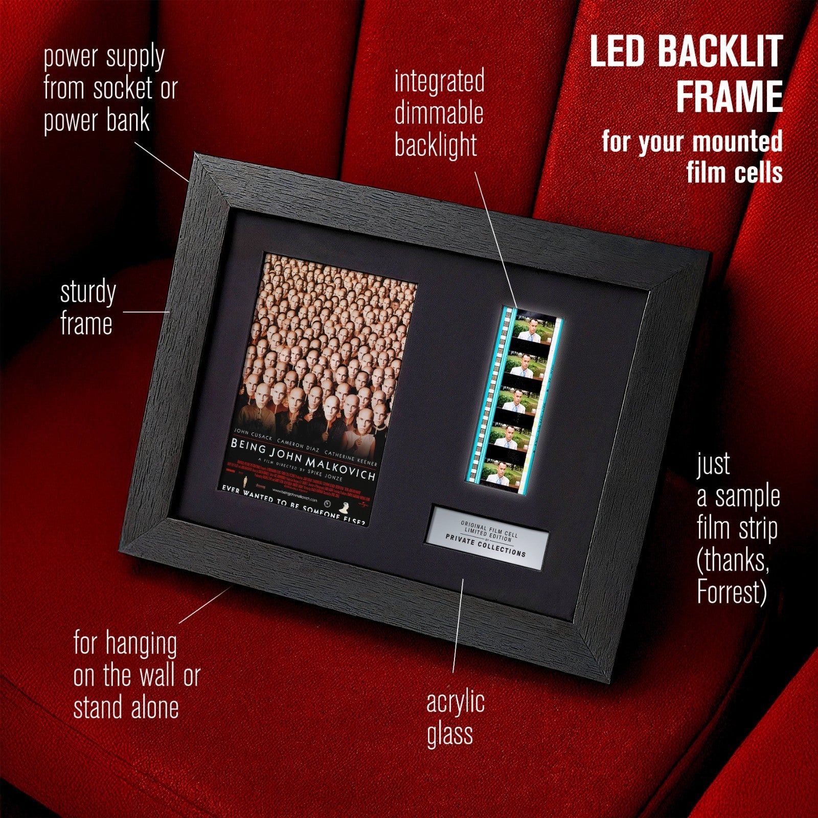 BEING JOHN MALKOVICH (1999) Certified 35mm Film Cells in an LED Backlit Frame