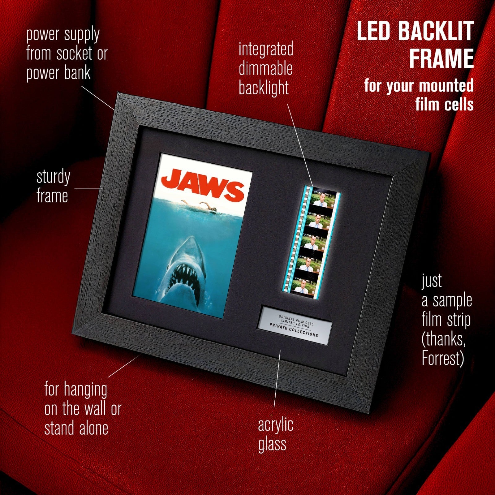 JAWS (1975) Certified 35mm Film Cells in an LED Backlit Frame