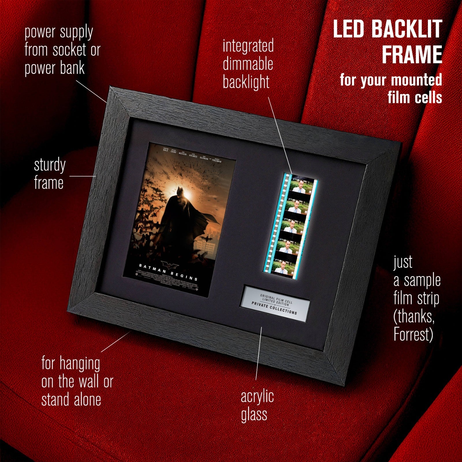 BATMAN BEGINS (2005) Certified 35mm Film Cells in an LED Backlit Frame